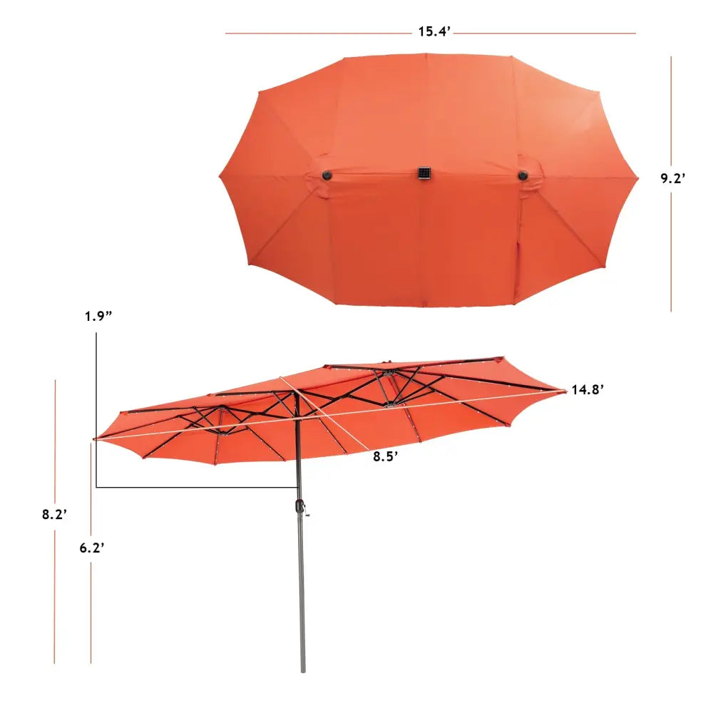 15 Feet Twin Patio Umbrella with 48 Solar LED Lights-Orange - Orange - Outdoor Umbrellas