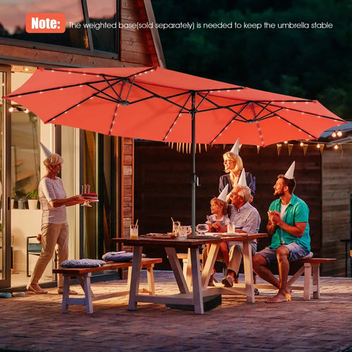 15 Feet Twin Patio Umbrella with 48 Solar LED Lights-Orange - Orange - Outdoor Umbrellas