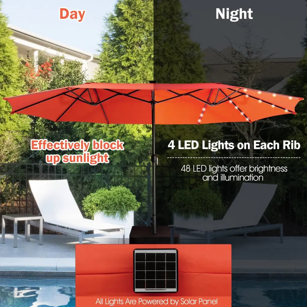 15 Feet Twin Patio Umbrella with 48 Solar LED Lights-Orange - Orange - Outdoor Umbrellas