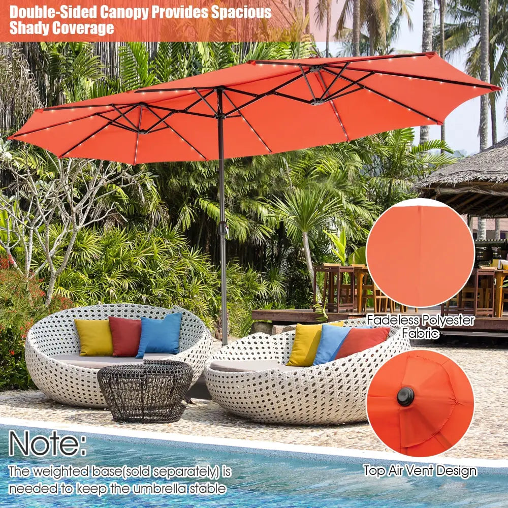 15 Feet Twin Patio Umbrella with 48 Solar LED Lights-Orange - Orange - Outdoor Umbrellas