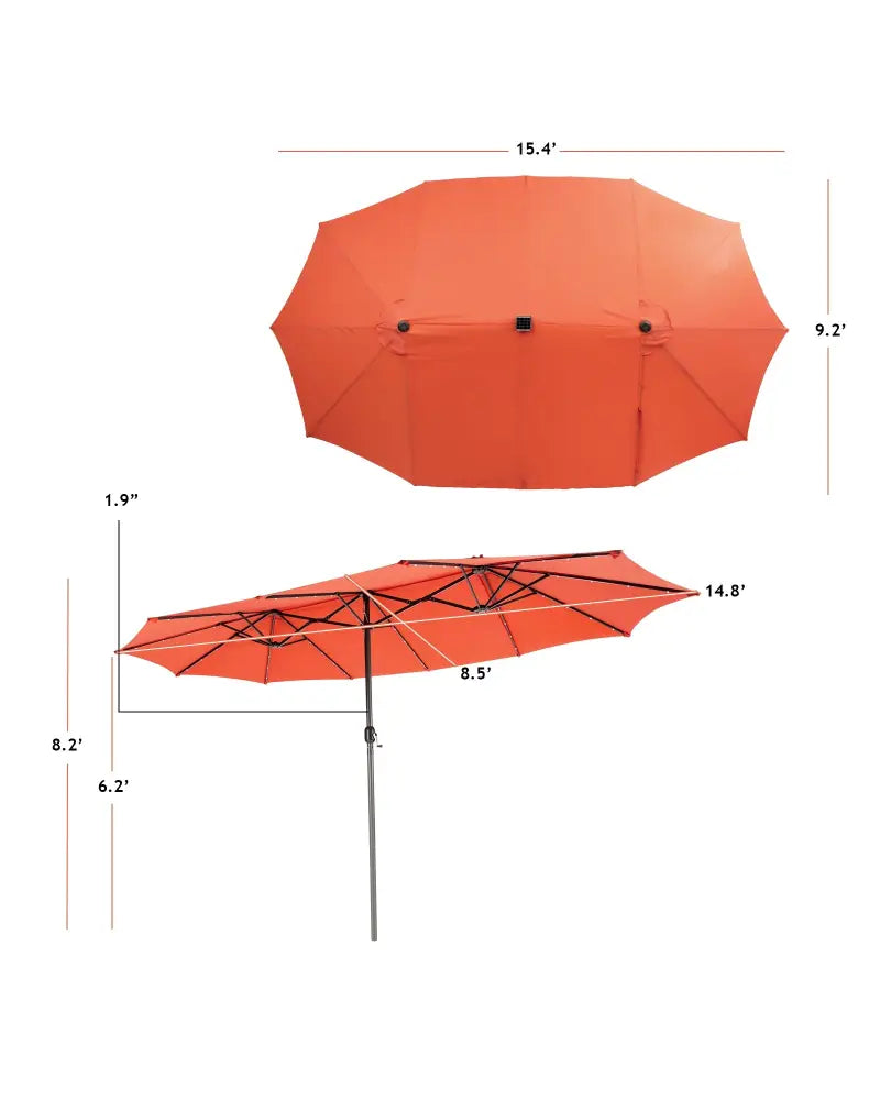 15 Feet Twin Patio Umbrella with 48 Solar LED Lights-Orange - Orange - Outdoor Umbrellas