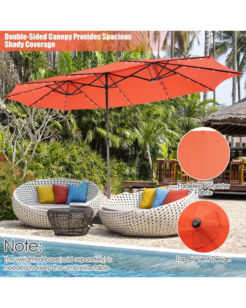15 Feet Twin Patio Umbrella with 48 Solar LED Lights-Orange - Orange - Outdoor Umbrellas