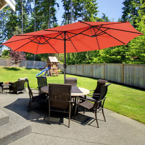 15 Feet Twin Patio Umbrella with 48 Solar LED Lights-Orange - Orange - Outdoor Umbrellas