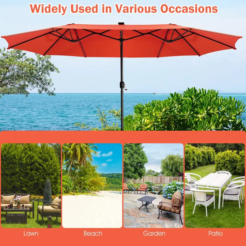 15 Feet Twin Patio Umbrella with 48 Solar LED Lights-Orange - Orange - Outdoor Umbrellas