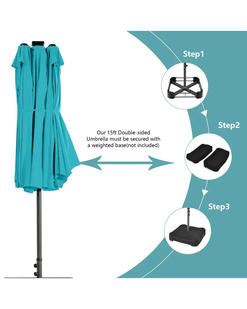 15 Feet Twin Patio Umbrella with 48 Solar LED Lights-Turquoise - Turquoise - Outdoor Umbrellas