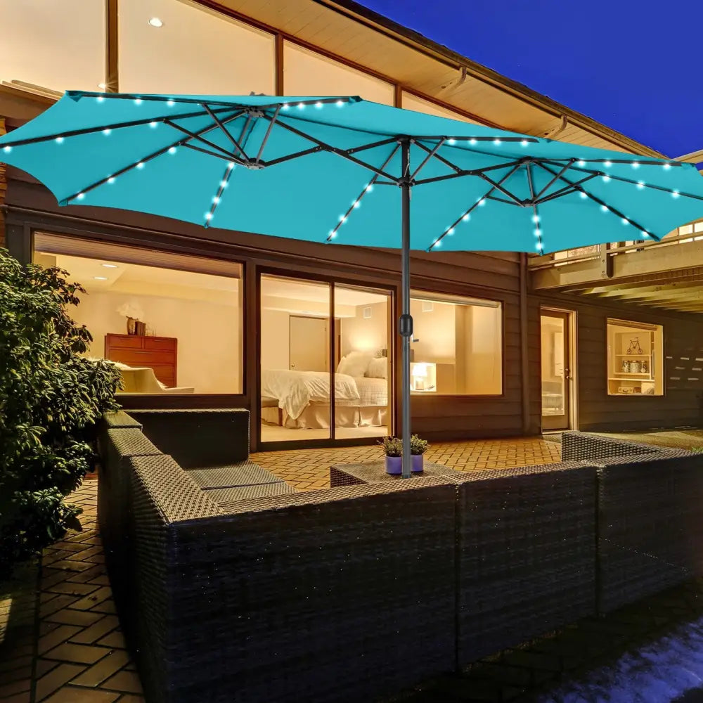 15 Feet Twin Patio Umbrella with 48 Solar LED Lights-Turquoise - Turquoise - Outdoor Umbrellas
