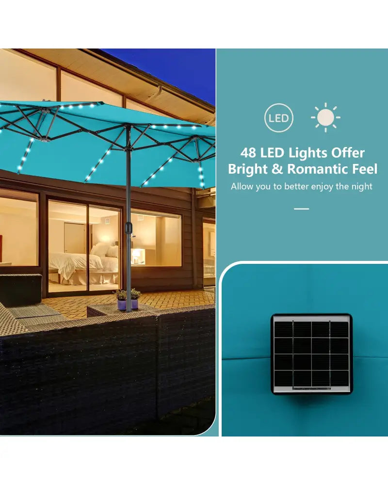 15 Feet Twin Patio Umbrella with 48 Solar LED Lights-Turquoise - Turquoise - Outdoor Umbrellas