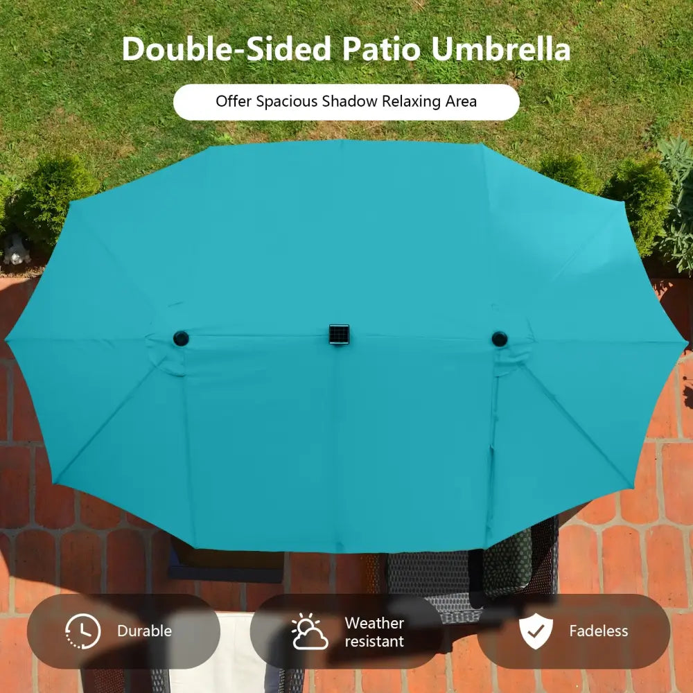 15 Feet Twin Patio Umbrella with 48 Solar LED Lights-Turquoise - Turquoise - Outdoor Umbrellas