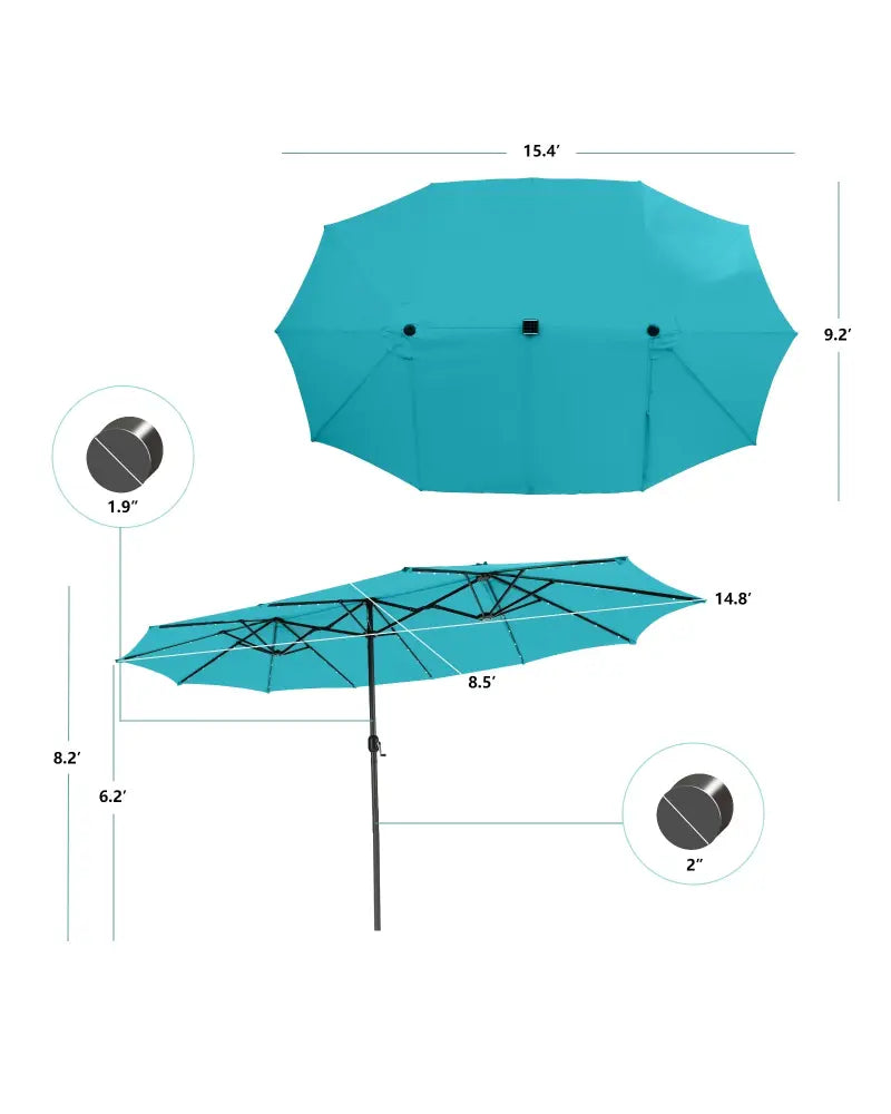 15 Feet Twin Patio Umbrella with 48 Solar LED Lights-Turquoise - Turquoise - Outdoor Umbrellas