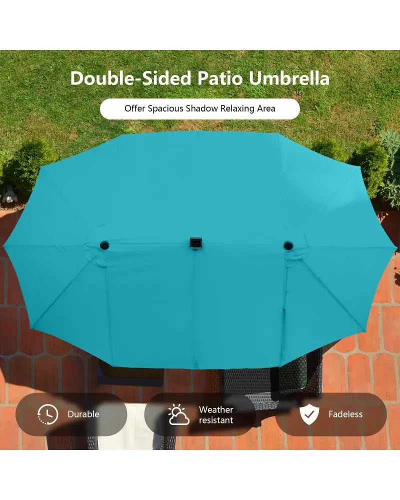 15 Feet Twin Patio Umbrella with 48 Solar LED Lights-Turquoise - Turquoise - Outdoor Umbrellas