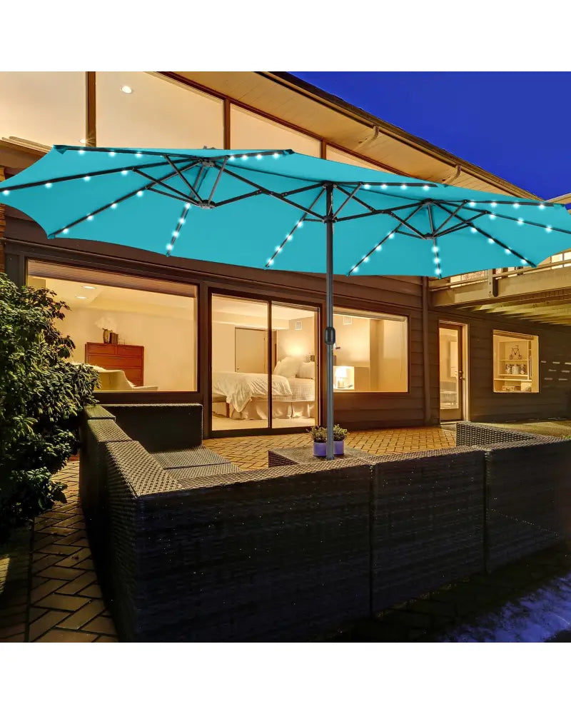 15 Feet Twin Patio Umbrella with 48 Solar LED Lights-Turquoise - Turquoise - Outdoor Umbrellas