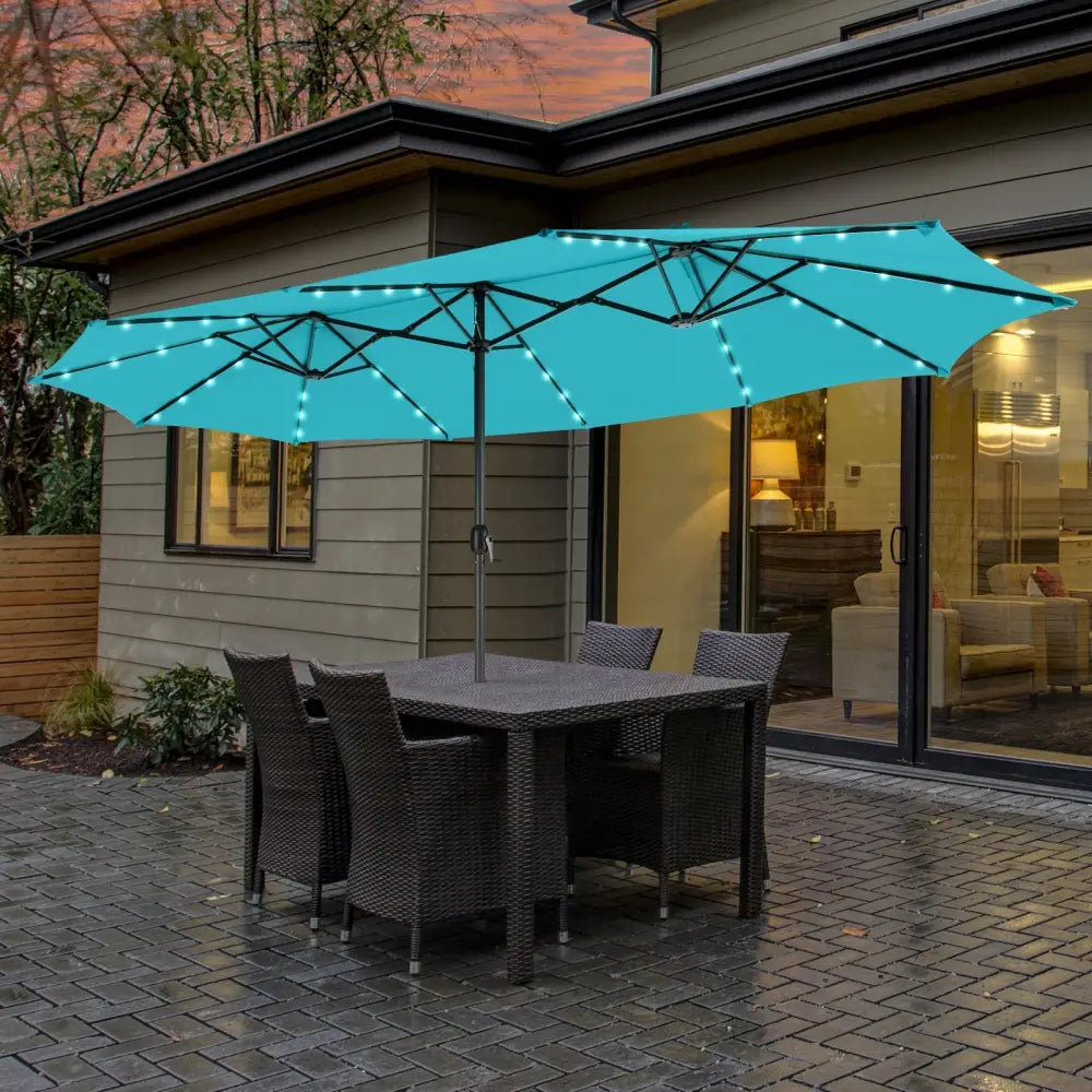 15 Feet Twin Patio Umbrella with 48 Solar LED Lights-Turquoise - Turquoise - Outdoor Umbrellas