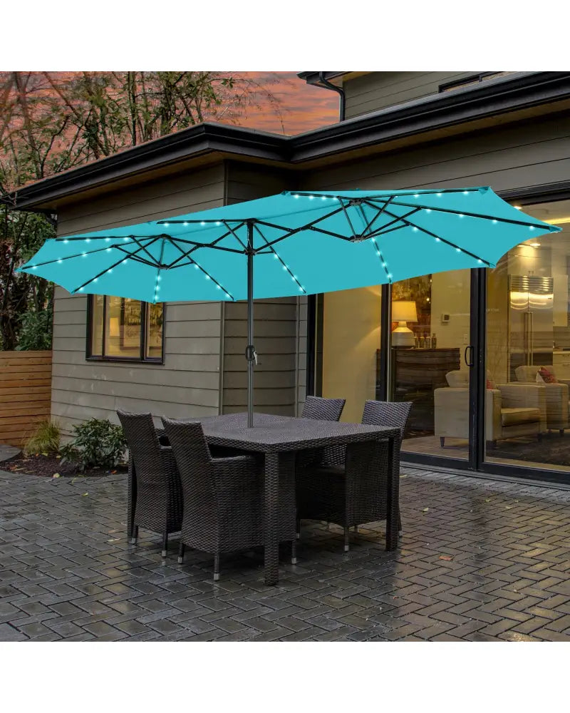 15 Feet Twin Patio Umbrella with 48 Solar LED Lights-Turquoise - Turquoise - Outdoor Umbrellas