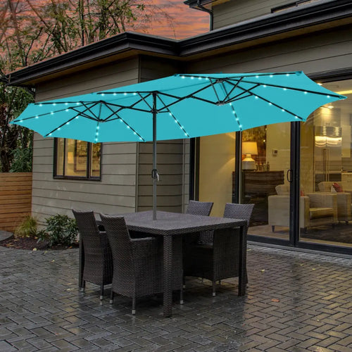 15 Feet Twin Patio Umbrella with 48 Solar LED Lights-Turquoise - Turquoise - Outdoor Umbrellas