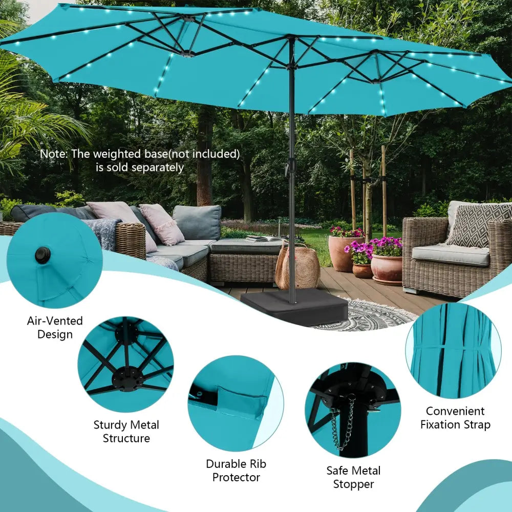 15 Feet Twin Patio Umbrella with 48 Solar LED Lights-Turquoise - Turquoise - Outdoor Umbrellas