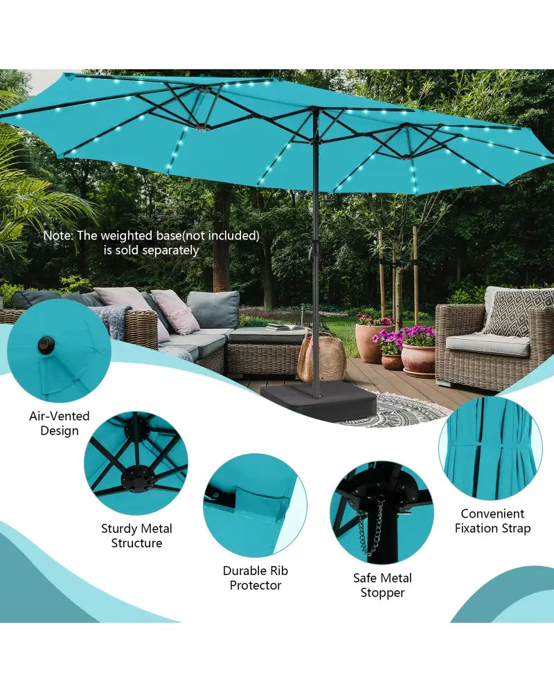 15 Feet Twin Patio Umbrella with 48 Solar LED Lights-Turquoise - Turquoise - Outdoor Umbrellas