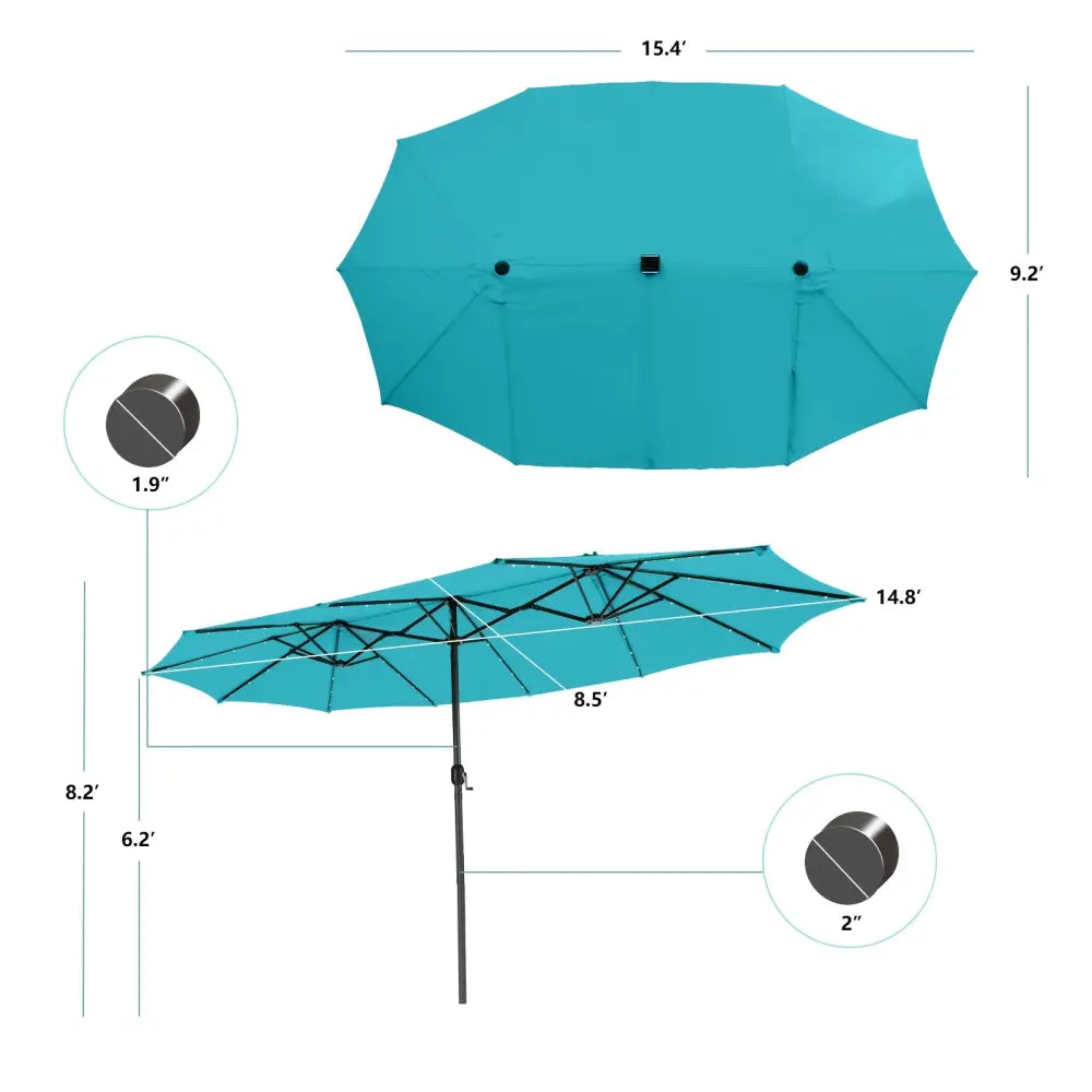 15 Feet Twin Patio Umbrella with 48 Solar LED Lights-Turquoise - Turquoise - Outdoor Umbrellas
