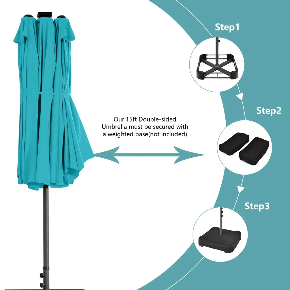 15 Feet Twin Patio Umbrella with 48 Solar LED Lights-Turquoise - Turquoise - Outdoor Umbrellas
