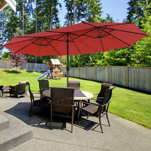 15 Feet Twin Patio Umbrella with 48 Solar LED Lights-Wine - Dark Red - Outdoor Umbrellas