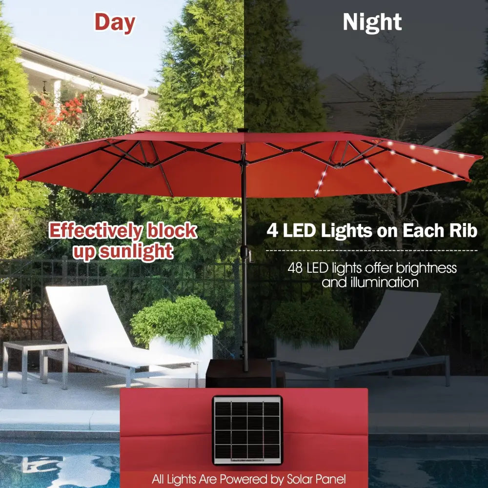 15 Feet Twin Patio Umbrella with 48 Solar LED Lights-Wine - Dark Red - Outdoor Umbrellas