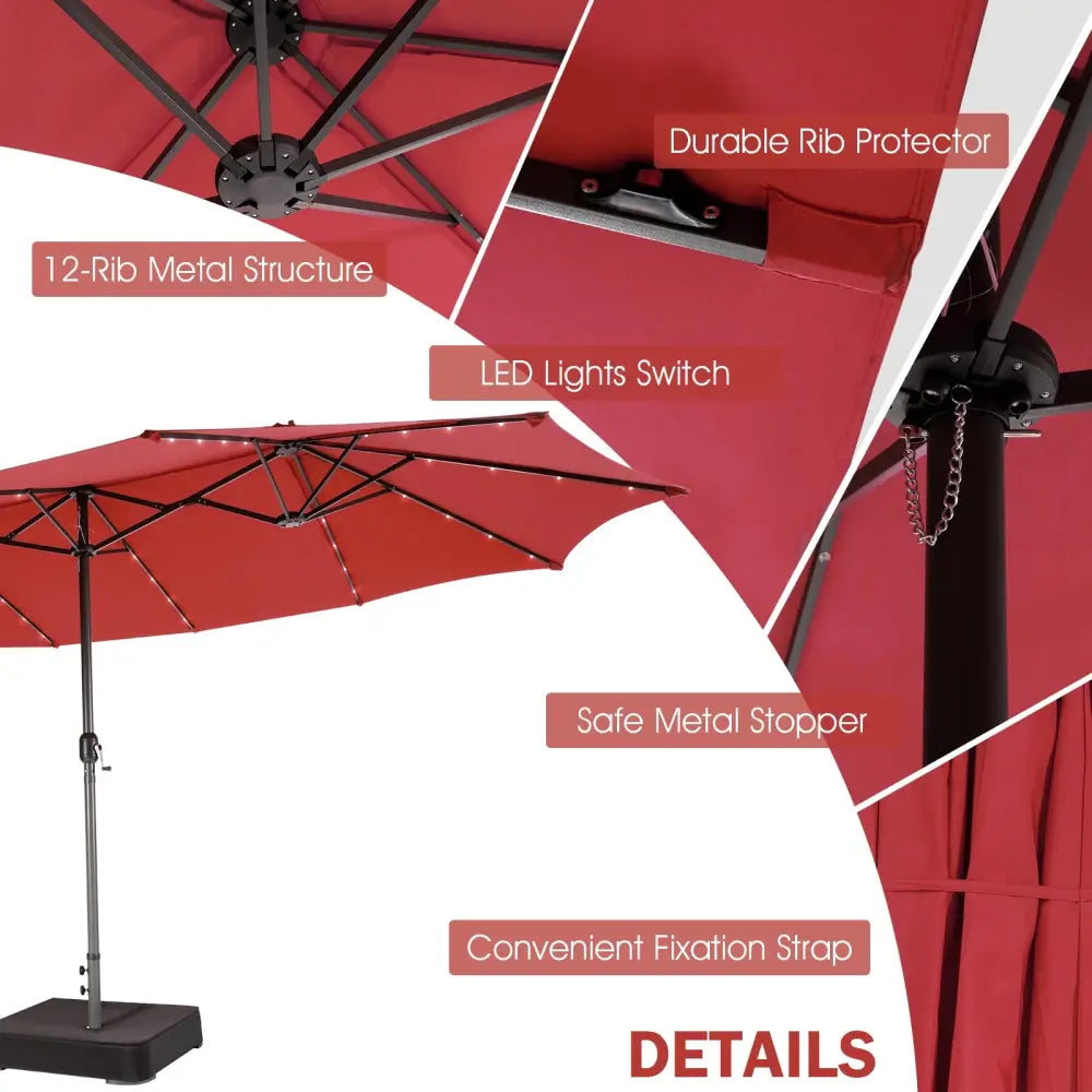 15 Feet Twin Patio Umbrella with 48 Solar LED Lights-Wine - Dark Red - Outdoor Umbrellas