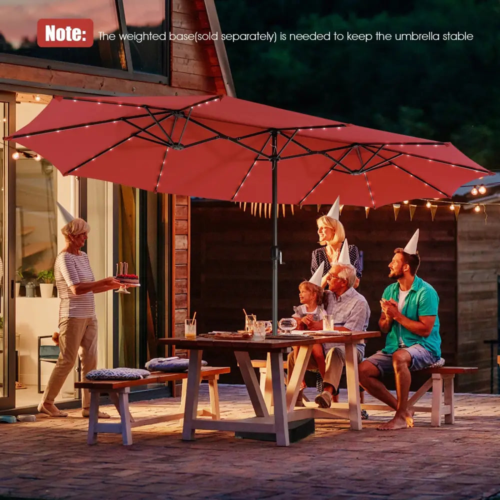 15 Feet Twin Patio Umbrella with 48 Solar LED Lights-Wine - Dark Red - Outdoor Umbrellas