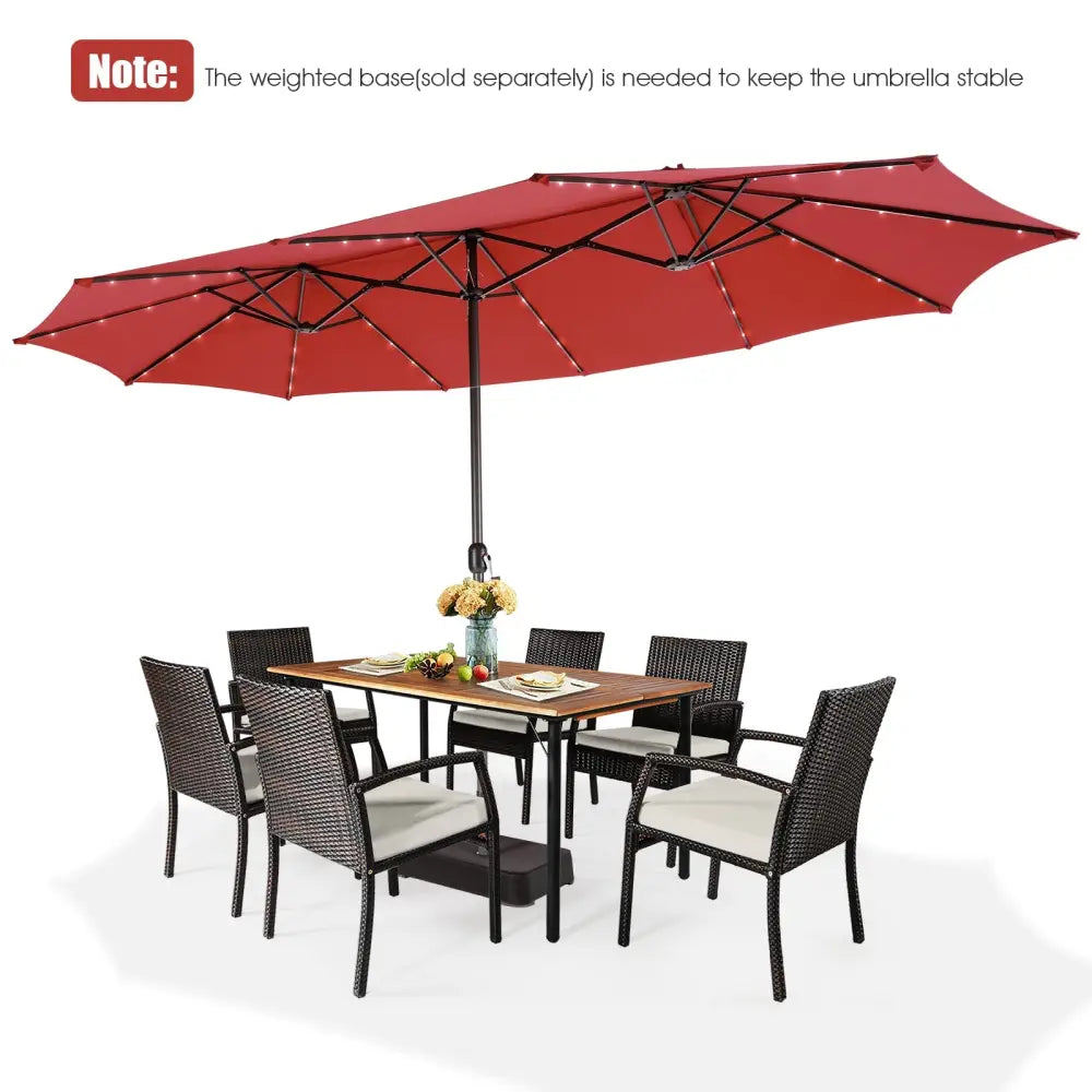 15 Feet Twin Patio Umbrella with 48 Solar LED Lights-Wine - Dark Red - Outdoor Umbrellas