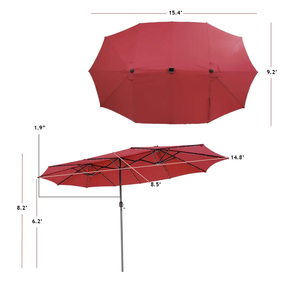 15 Feet Twin Patio Umbrella with 48 Solar LED Lights-Wine - Dark Red - Outdoor Umbrellas