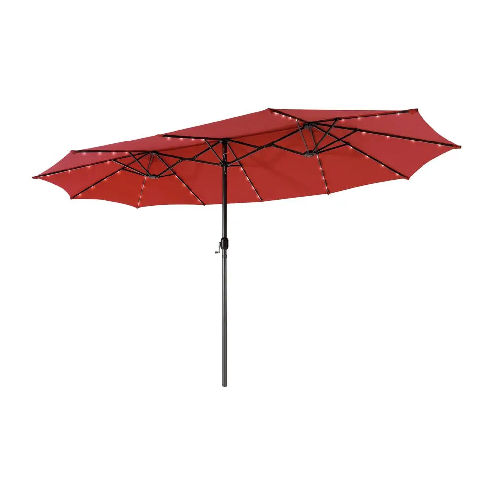 15 Feet Twin Patio Umbrella with 48 Solar LED Lights-Wine - Dark Red - Outdoor Umbrellas