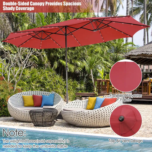 15 Feet Twin Patio Umbrella with 48 Solar LED Lights-Wine - Dark Red - Outdoor Umbrellas