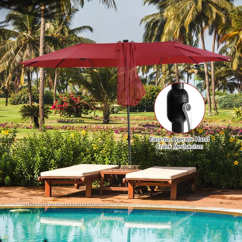 15 Feet Twin Patio Umbrella with 48 Solar LED Lights-Wine - Dark Red - Outdoor Umbrellas