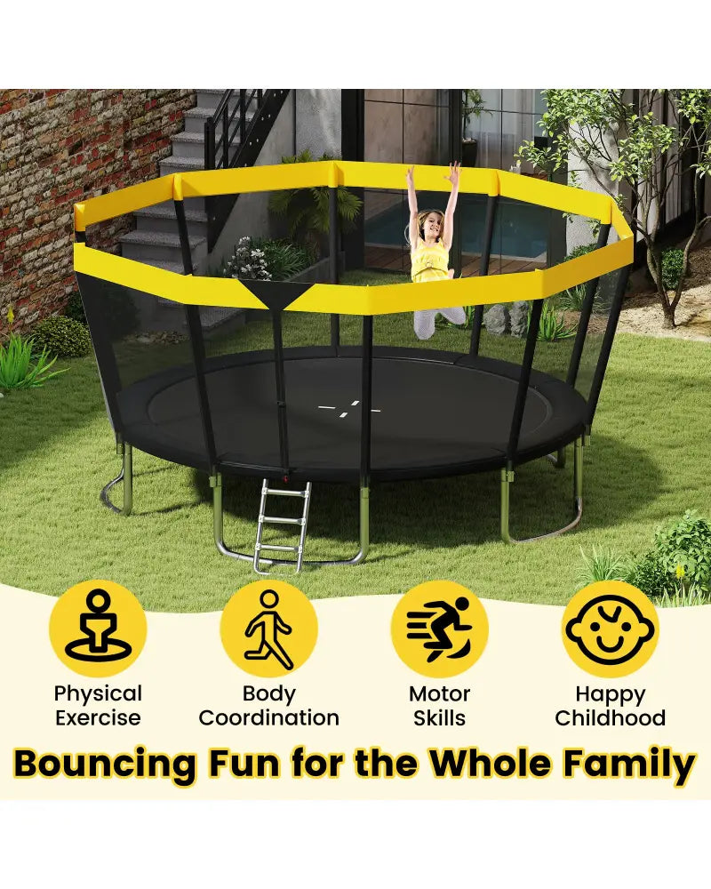 15 FT Outdoor Trampoline ASTM Compliant Recreational Trampoline with Non-Slip Ladder-Yellow - Yellow - Trampolines