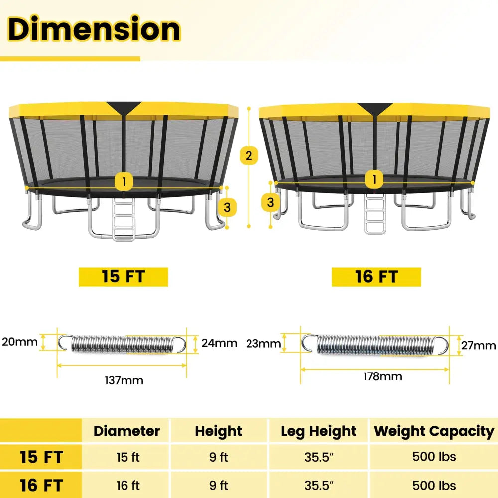 15 FT Outdoor Trampoline ASTM Compliant Recreational Trampoline with Non-Slip Ladder-Yellow - Yellow - Trampolines
