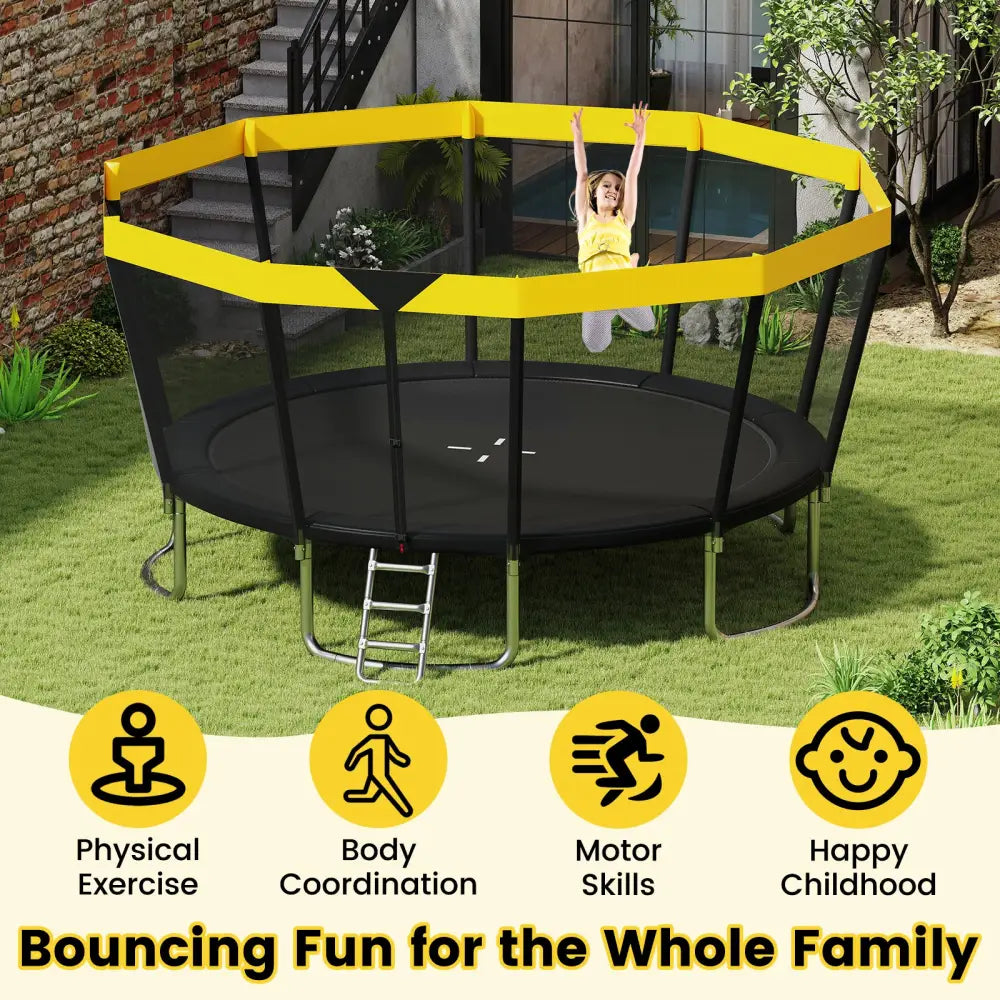 15 FT Outdoor Trampoline ASTM Compliant Recreational Trampoline with Non-Slip Ladder-Yellow - Yellow - Trampolines