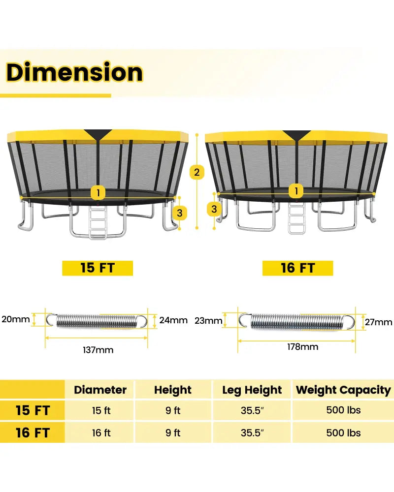 15 FT Outdoor Trampoline ASTM Compliant Recreational Trampoline with Non-Slip Ladder-Yellow - Yellow - Trampolines