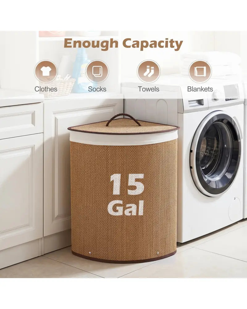 15 Gal Capacity Bamboo Laundry Hamper with Removable Liner-Brown - Brown - Laundry Baskets