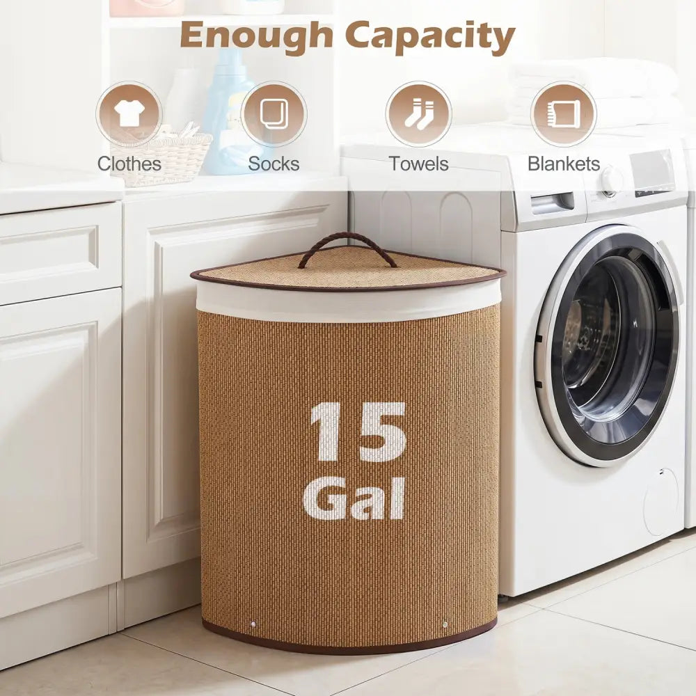 15 Gal Capacity Bamboo Laundry Hamper with Removable Liner-Brown - Brown - Laundry Baskets