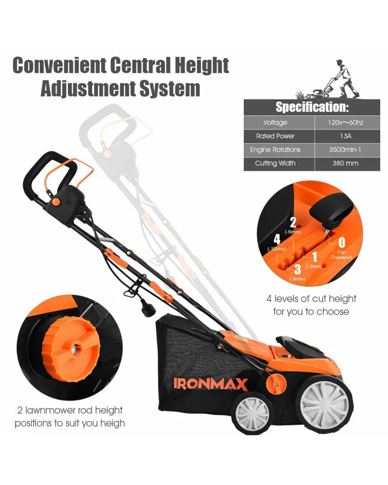 15 Inch 13 Amp Electric Scarifier with Collection Bag and Removable Blades-Orange - Orange - Lawn Care Tools