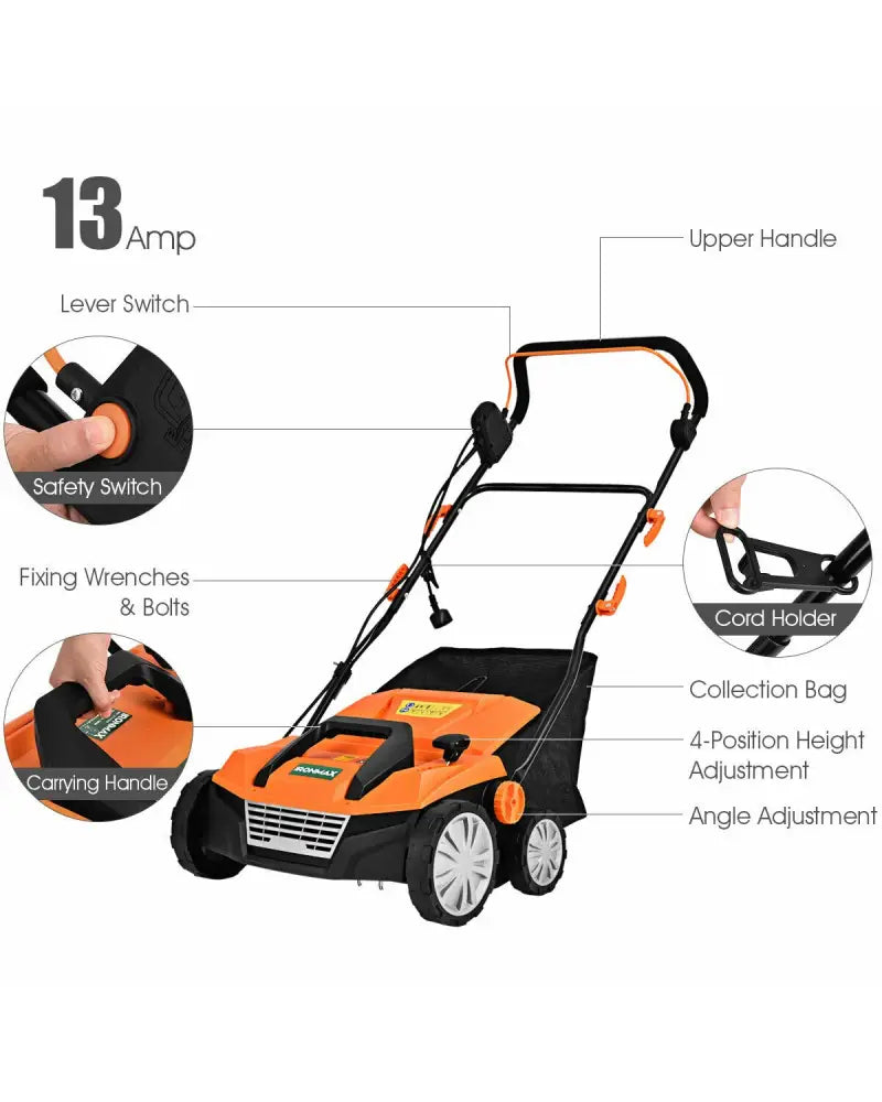 15 Inch 13 Amp Electric Scarifier with Collection Bag and Removable Blades-Orange - Orange - Lawn Care Tools