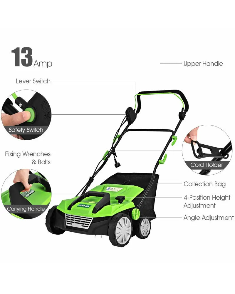 15 Inch 13 Amp Electric Scarifier with Collection Bag and Removable Blades-Green - Green - Lawn Care Tools