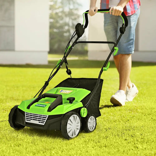 15 Inch 13 Amp Electric Scarifier with Collection Bag and Removable Blades-Green - Green - Lawn Care Tools