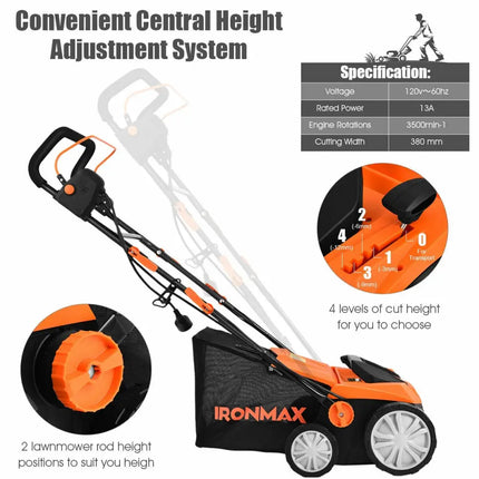 15 Inch 13 Amp Electric Scarifier with Collection Bag and Removable Blades-Orange - Orange - Lawn Care Tools