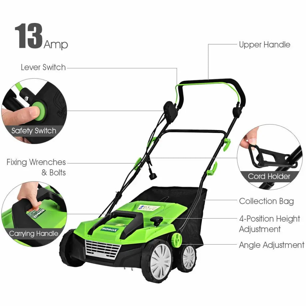 15 Inch 13 Amp Electric Scarifier with Collection Bag and Removable Blades-Green - Green - Lawn Care Tools