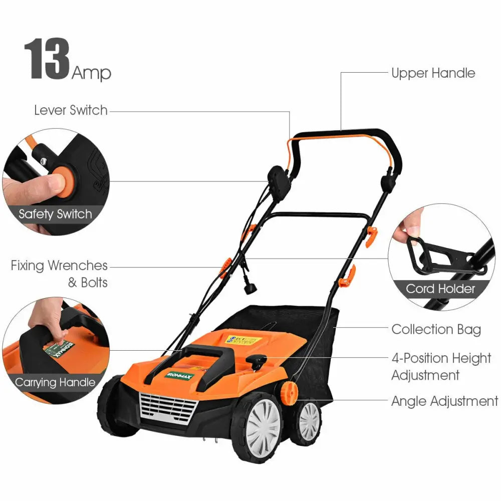 15 Inch 13 Amp Electric Scarifier with Collection Bag and Removable Blades-Orange - Orange - Lawn Care Tools