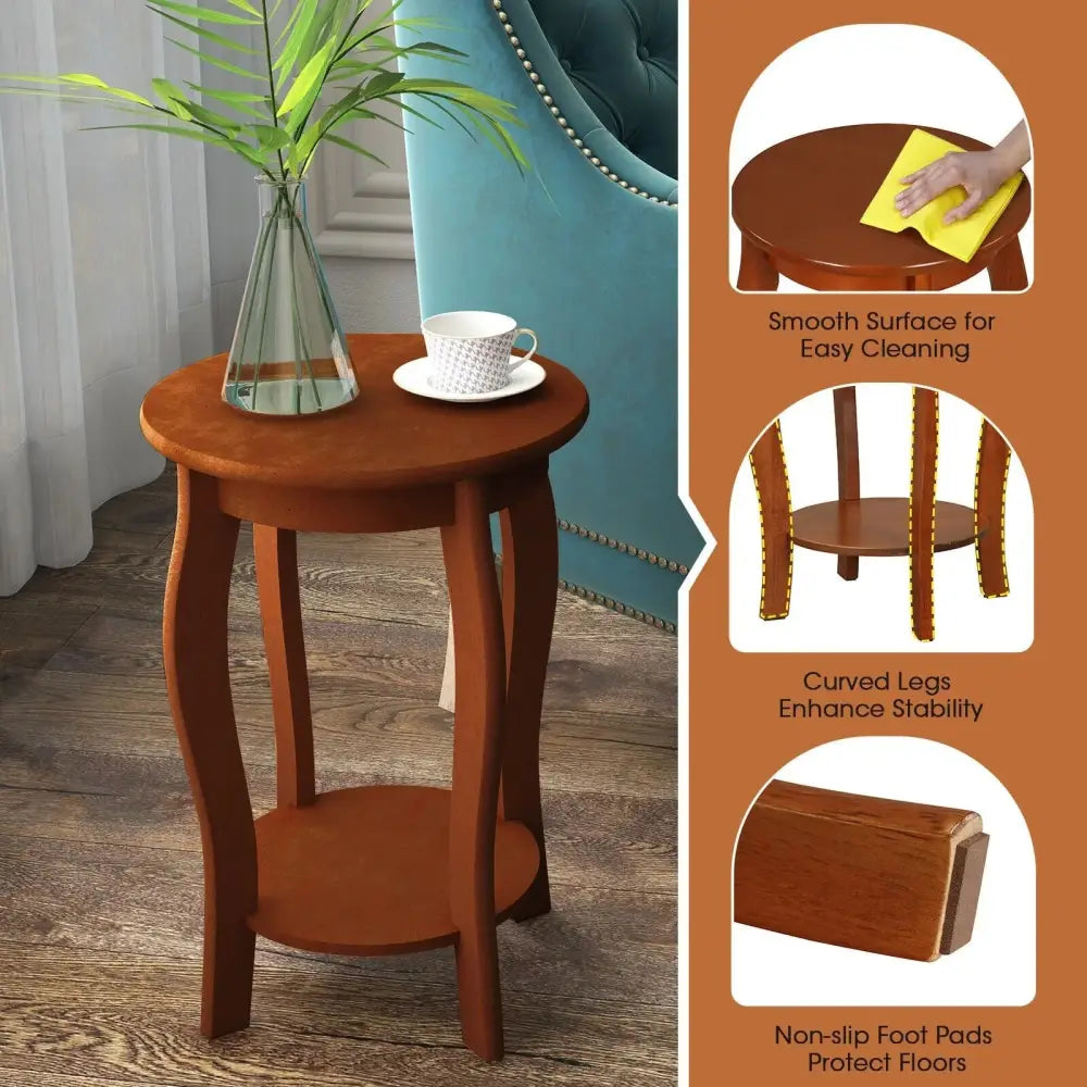 15 Inch 2-Tier Round End Table with Storage Shelf-Walnut Costway