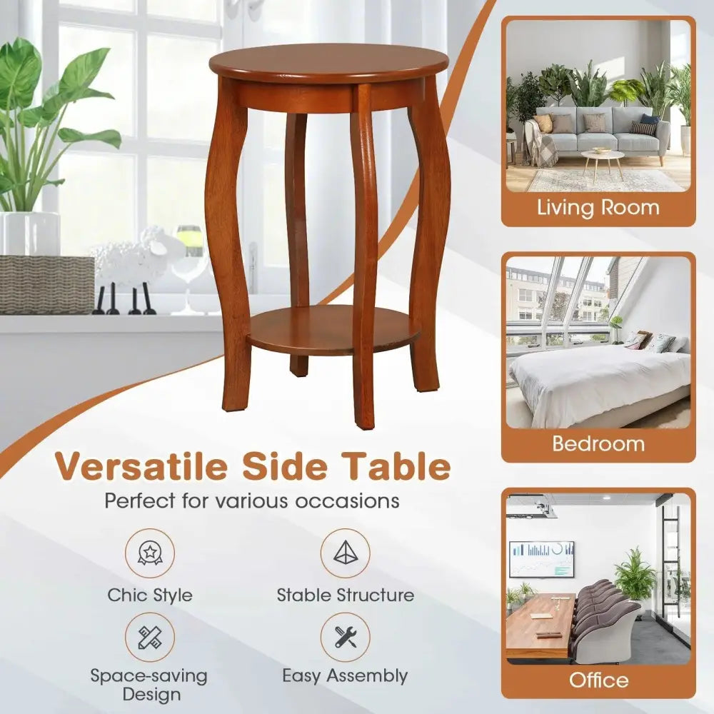 15 Inch 2-Tier Round End Table with Storage Shelf-Walnut Costway