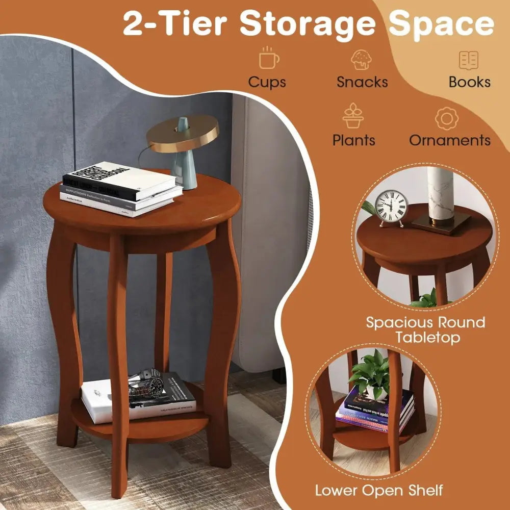 15 Inch 2-Tier Round End Table with Storage Shelf-Walnut Costway