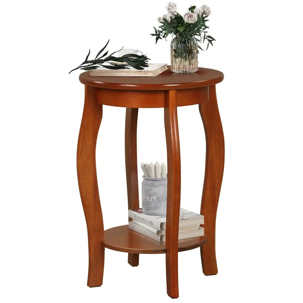 15 Inch 2-Tier Round End Table with Storage Shelf-Walnut Costway