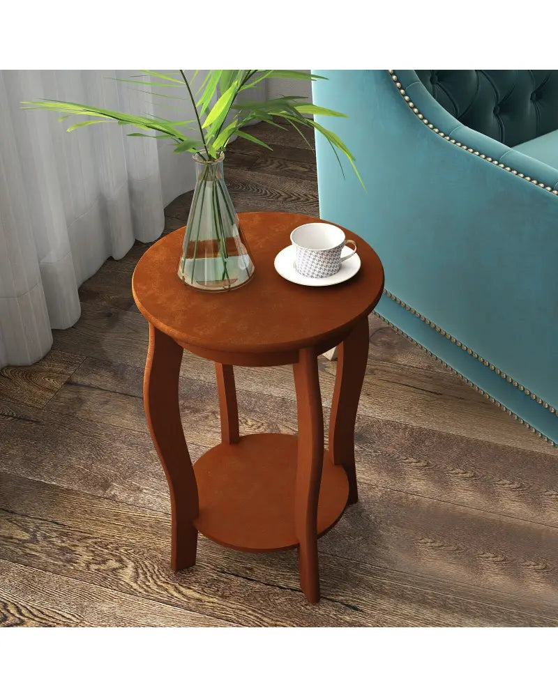 15 Inch 2-Tier Round End Table with Storage Shelf-Walnut - Walnut - End & Side Tables