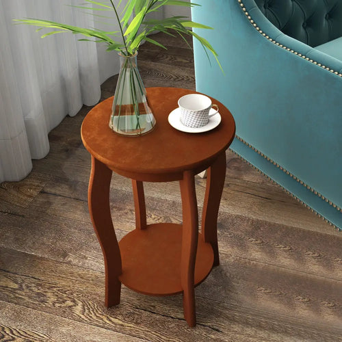 15 Inch 2-Tier Round End Table with Storage Shelf-Walnut - Walnut - End & Side Tables